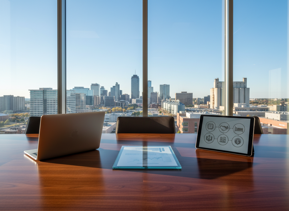A polished boardroom table of rich walnut wood dominates the foreground, its surface neatly arranged with a brushed metal laptop, a glass-encased financial report, and a slim digital tablet displaying interconnected icons for technology, consulting, hospitality, and investments. Beyond the floor-to-ceiling windows, a clean Midwestern skyline with low, modern office buildings and distant grain silos stretches under a clear blue sky. Soft afternoon sunlight pours in, creating crisp reflections on the table’s glossy surface and subtle shadows from the devices. Photographic realism, captured at eye level with a slightly wide angle, sharp focus throughout. The mood is sophisticated and strategic, conveying a calm, results-driven headquarters for a diversified holding company without showing any people.