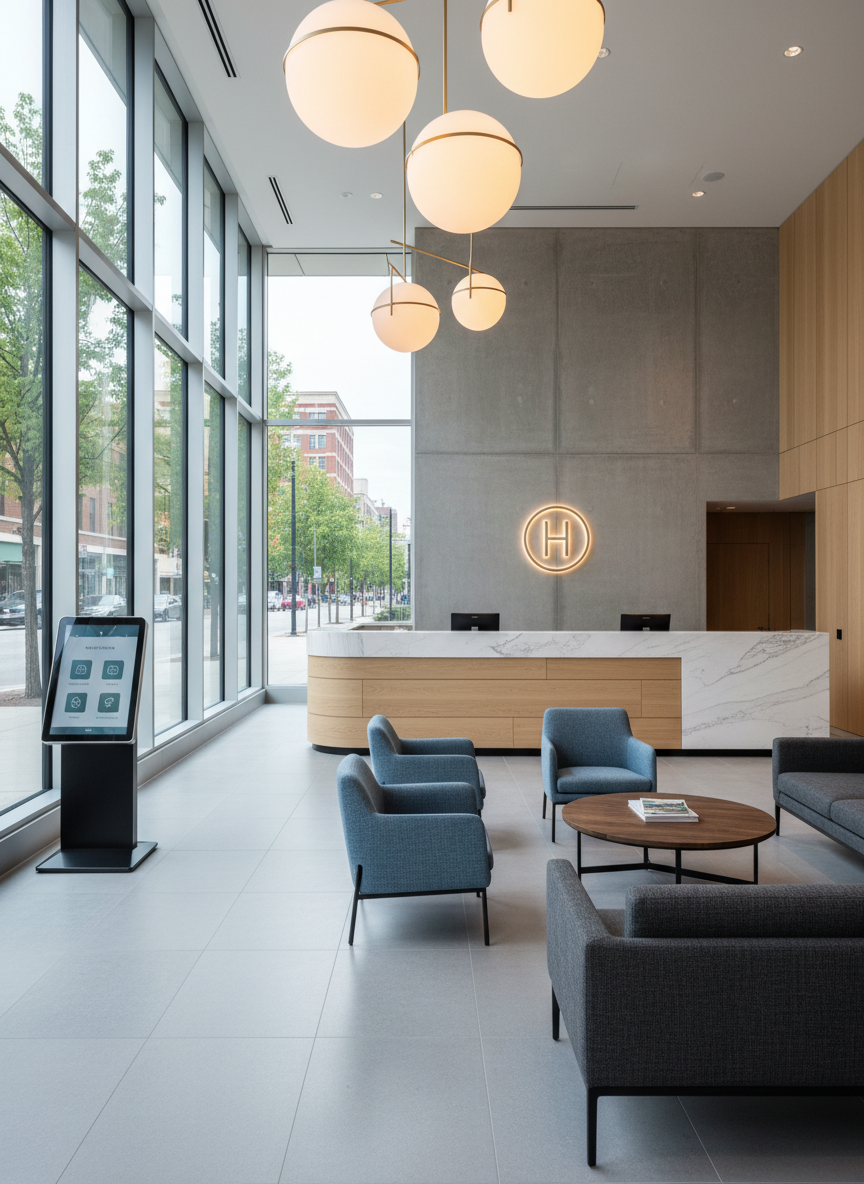 A contemporary hospitality lobby space owned by a holding company, with a reception counter in pale oak and white stone, and a low seating area featuring slate-blue upholstered chairs and a charcoal gray sofa. A wall of tall windows reveals a Midwestern city street with tree-lined sidewalks and mid-rise brick buildings. Warm pendant lights with frosted glass shades hang above, casting a gentle, golden glow that blends with the cool natural daylight. A discreet digital kiosk in the corner displays abstract icons for guest services and travel. Photographic realism, captured at eye level with balanced composition, showcasing both lobby and exterior. The mood is welcoming yet understatedly luxurious, hinting at professional hospitality operations without any visible guests or staff.